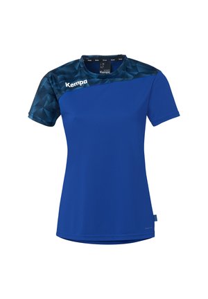 Blauw dames sport T-shirt met korte mouwen, donkerblauw geometrisch patroon op de bovenborst en schouder, en wit "Kempa" logo op de rechterborst.