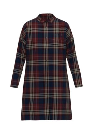 Langärmliges, kragenloses Kleid im Plaid-Muster mit burgunderrot, marineblau und beige. Mit Knopfverschluss und einer Brusttasche.