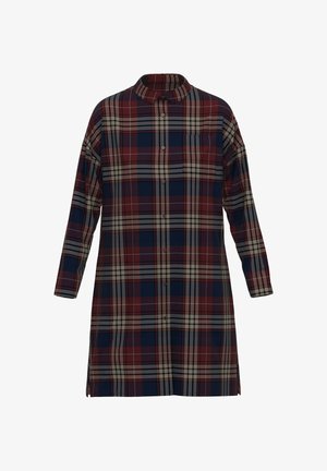 Langärmliges, kragenloses Kleid im Plaid-Muster mit burgunderrot, marineblau und beige. Mit Knopfverschluss und einer Brusttasche.