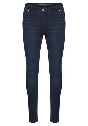 Temno indigo skinny kavbojke iz denima, ki imajo klasičen dizajn s petimi žepi, neopazno vraščanje in zadrgo ter gumb za zapiranje.