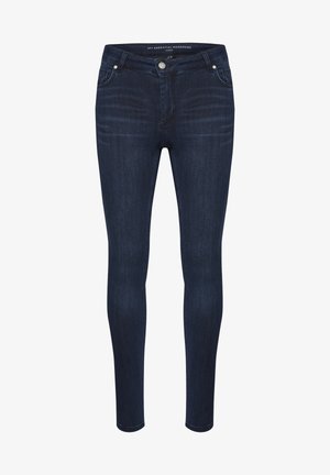 Temno indigo skinny kavbojke iz denima, ki imajo klasičen dizajn s petimi žepi, neopazno vraščanje in zadrgo ter gumb za zapiranje.