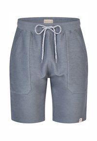 Grijze, gestructureerde shorts met een elastische tailleband en een aantrekkoord. Bevat twee zijzakken en een klein merklabel met een palmbomenmotief.