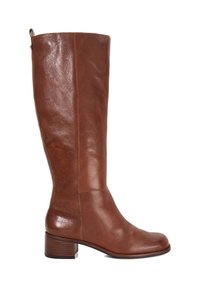 Brown leather knee-high boot with a rounded toe, textured finish, and a stacked heel. Features a side zipper and minimal stitching.