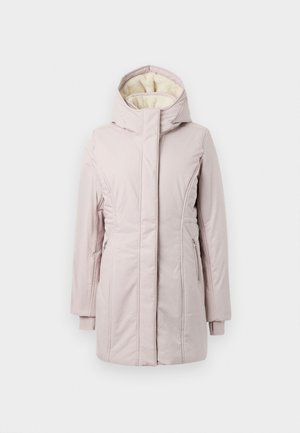 Rózsaszín hosszú kabát kapucnival, puha bélésse, oldalsó cipzáros zsebekkel és függőleges varrásokkal az elején.