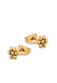 Náušnice zo zlata s kvetinovým motívom, pozostávajúce z viacerých zaoblených korálok v zhlukoch, s hladkým povrchom a bezpečným zapínaním na zatlačenie.