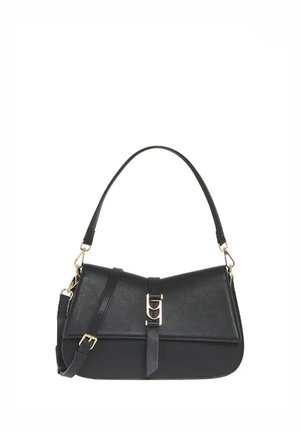 Borsa a tracolla in pelle nera con fibbia dorata e tracolla staccabile e regolabile su sfondo bianco.