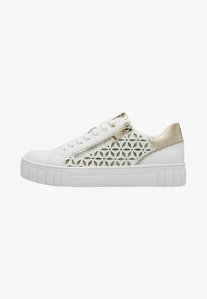 White sneaker with gold accents and a geometric cutout design. Features a zipper, textured sole, and a platform sole design for added height.
