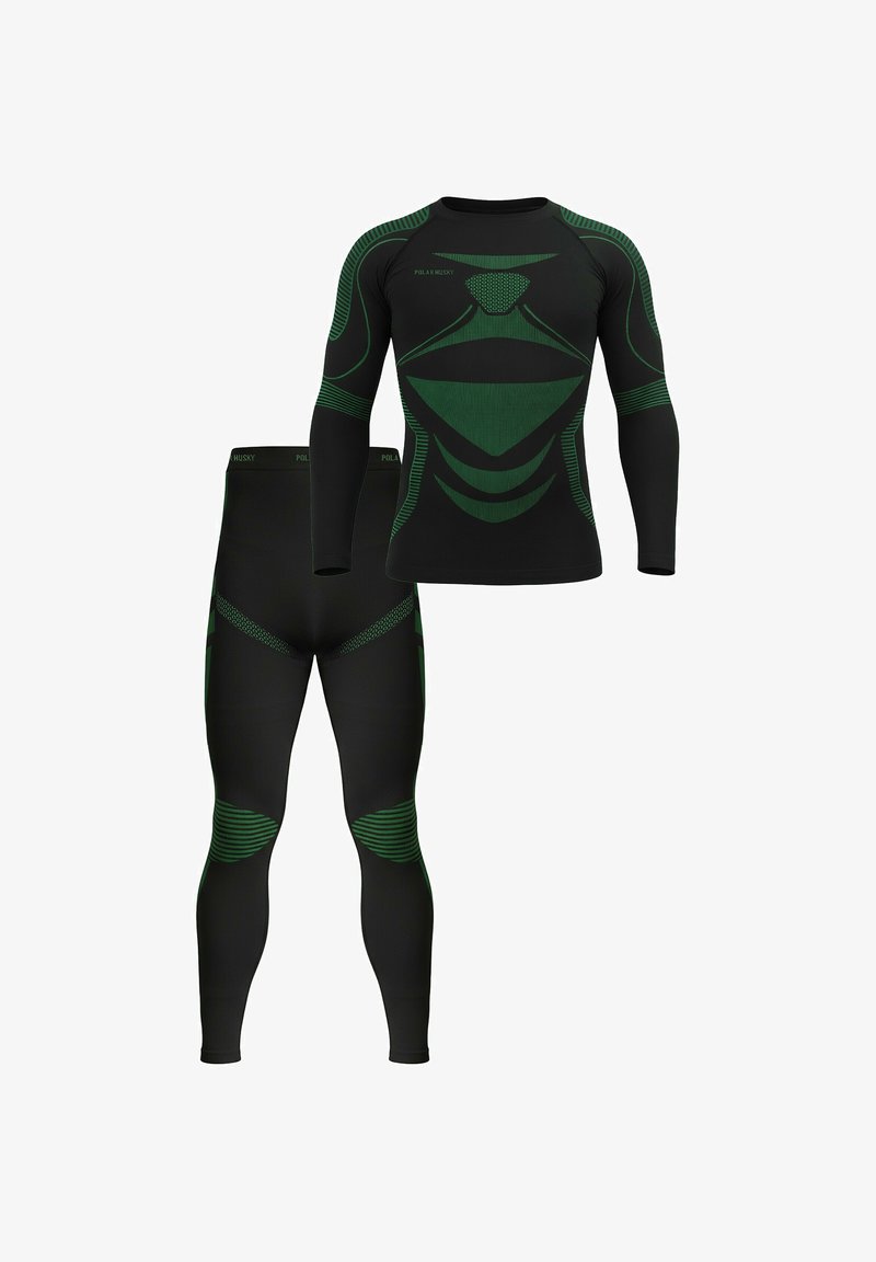 Black athletic compression top and leggings with green geometric patterns and textured accents. Smooth fabric with long sleeves and a fitted design.