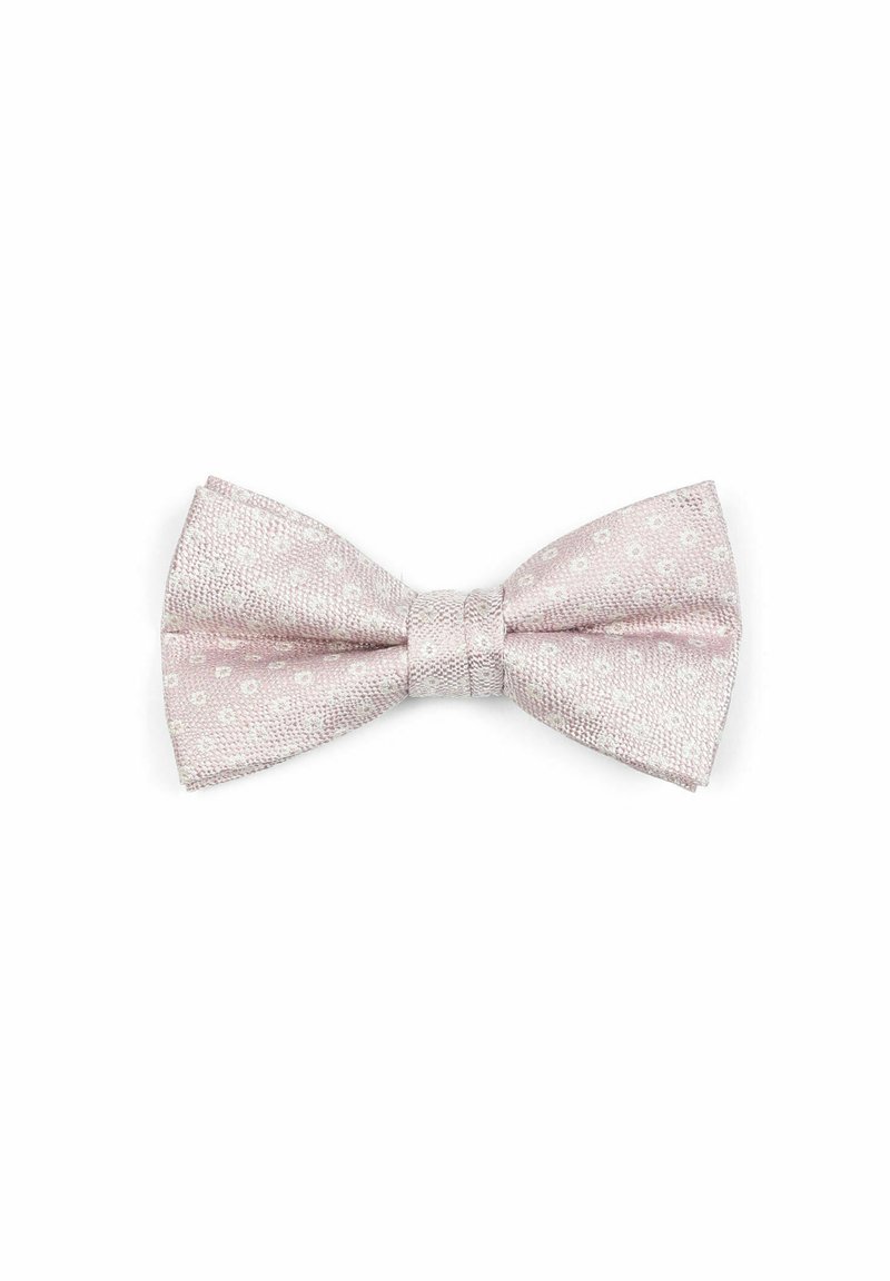 Seidene, pinkfarbene Fliege mit strukturiertem Finish, die kleine weiße Blumenmuster und ein zentrales Band zur Anpassung aufweist.