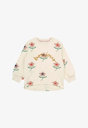 Svetlý krémový mikina s kvetinovým vzorom v ružovej, červenej a modrej farbe, so slovom "bonjour" vyšívaným zlatou niťou. Rebrované manžety a lem.