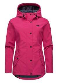 Veste rose imperméable avec capuche, dotée de boutons pression noirs, de poches latérales et d'un ourlet plus long à l'arrière pour une couverture supplémentaire.