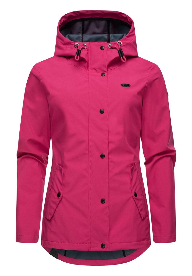 Veste rose imperméable avec capuche, dotée de boutons pression noirs, de poches latérales et d'un ourlet plus long à l'arrière pour une couverture supplémentaire.