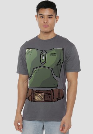 Gray t-shirt featuring a green armored torso design, accented with dark brown belt. Short sleeves and round neckline. Casual fit.