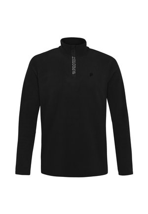 Schwarzer Fleece-Pullover mit langen Ärmeln und einem halben Reißverschluss, der ein dezentes Logo auf der Brust sowie einen gemütlichen, strukturierten Stoff aufweist.