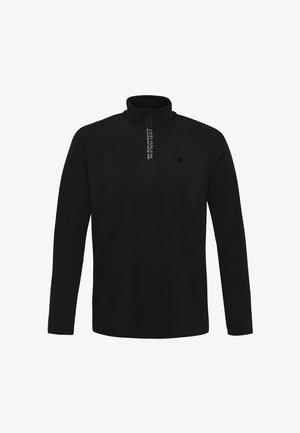 Sort fleece pullover med lange ærmer og halv lynlås, som har et diskret logo på brystet og et hyggeligt, struktureret stof.