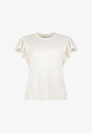 T-shirt court à manches courtes de couleur beige clair avec des manches volantes et un logo subtil en doré sur la poitrine. Fabriqué en tissu doux et texturé.