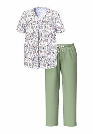 Bloemig katoenen pyjama-set met een t-shirt met korte mouwen in het wit met paarse en groene patronen, gecombineerd met groene broek met elastische taille.