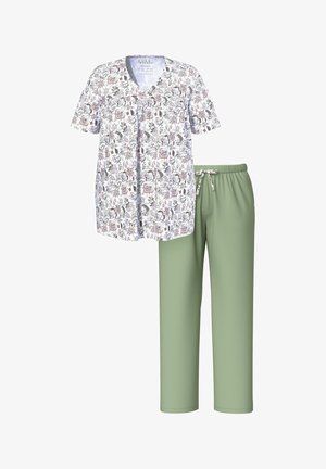 Bawełniany zestaw piżamowy z kwiatowym wzorem, składający się z białej bluzki z krótkim rękawem w fioletowe i zielone wzory, połączonej z zielonymi spodniami na elastycznej talii.