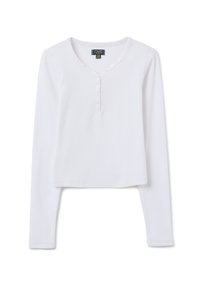 Witte lange mouw crop top gemaakt van ribstof, met een V-halslijn en vijf knopen aan de voorkant. Zachte textuur en getailleerd ontwerp.