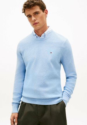 Ung mand iført lyseblå tekstureret sweater over blå- og hvidstribet skjorte med krave og mørke bukser, stående mod hvid baggrund.