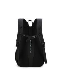 Zaino nero con imbottitura in rete, spallacci regolabili e un logo centrale. Presenta una forma elegante e aerodinamica e spallacci testurizzati.