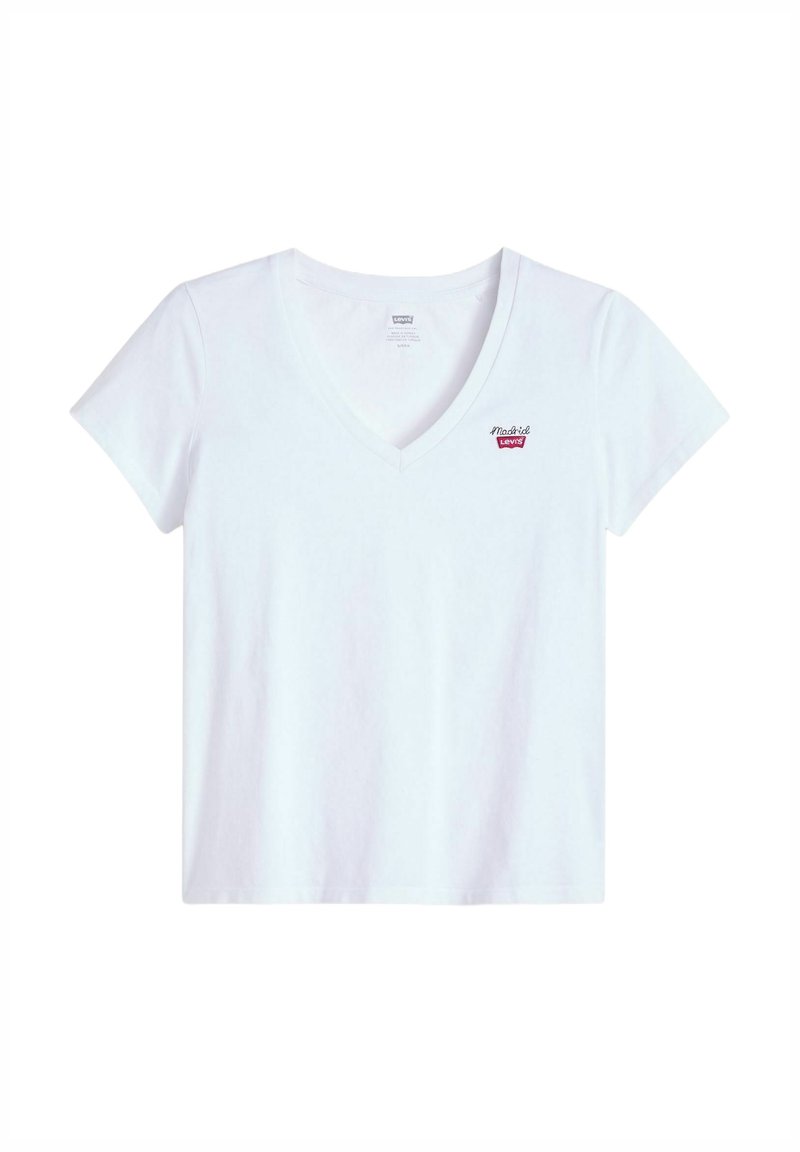 Camiseta blanca de cuello en V hecha de algodón suave; presenta un pequeño logotipo bordado en rojo de "Levi's" en el pecho. Mangas cortas y corte relajado.