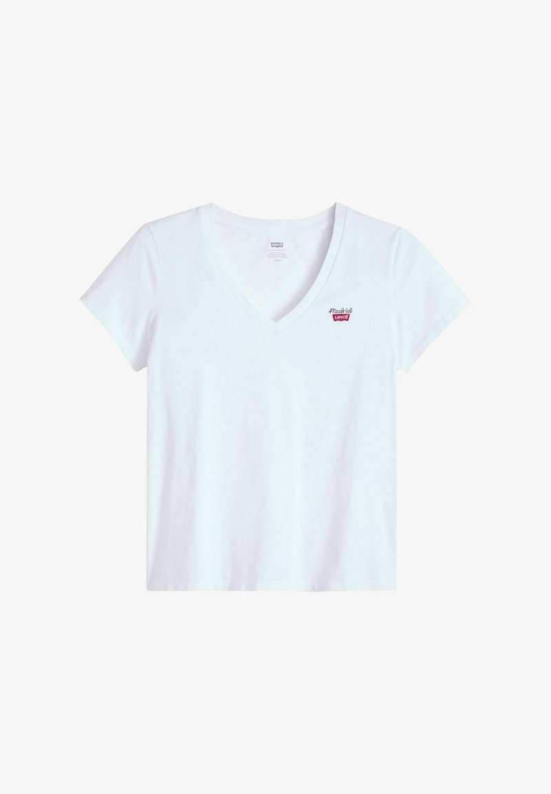 White v-neck t-shirt made of soft cotton; features a small red "Levi's" logo embroidered on the chest. Short sleeves and relaxed fit.