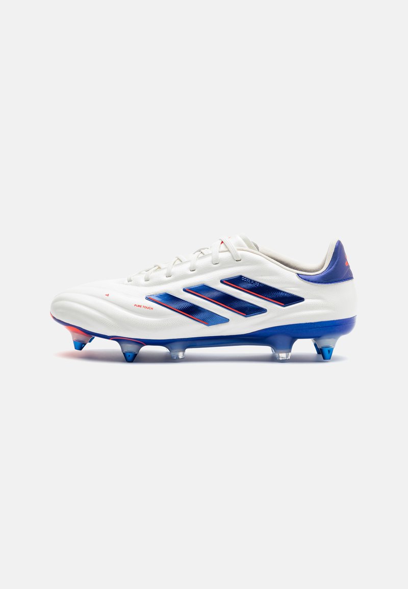White soccer cleat featuring blue accents and three blue stripes. Textured upper, lace closure, and conical studs for traction.