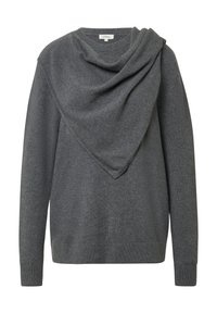 Grauer Pullover mit einem drapierten Wasserfallausschnitt, langen Ärmeln und gerippten Bündchen. Hergestellt aus weichem Material, mit glatter Textur und minimalistischem Design.