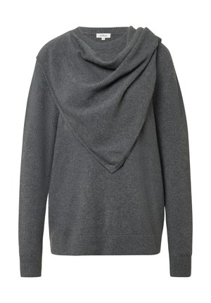 Szary sweter z luźnym kołnierzem typu kapturek, długimi rękawami i ściągaczami na mankietach. Wykonany z miękkiego materiału o gładkiej fakturze i minimalistycznym designie.