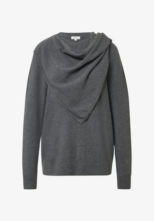 Grijze trui met een geplooide col, lange mouwen en geribbelde manchetten. Gemaakt van zacht materiaal, met een gladde textuur en een minimalistisch ontwerp.