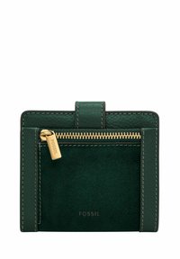 Portefeuille en cuir vert avec une texture en daim, fermeture éclair dorée et détails de couture. Design compact avec une poche avant et un logo.
