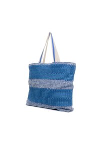 Borsa tote in tessuto blu intrecciato con strisce orizzontali, caratterizzata da un tessuto testurizzato e manici bimateriale in blu chiaro e crema.