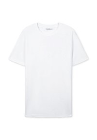 T-shirt bianco in cotone con collo tondo, maniche corte e fondo dritto. Texture liscia senza motivi o dettagli visibili.