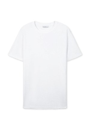 T-shirt bianco in cotone con collo tondo, maniche corte e fondo dritto. Texture liscia senza motivi o dettagli visibili.