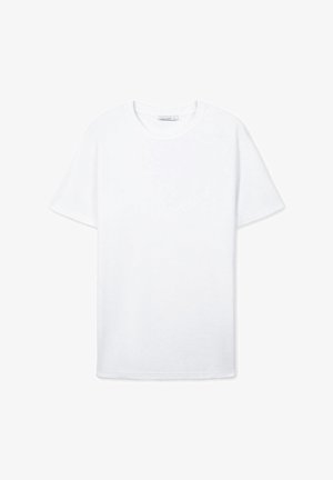 T-shirt bianco in cotone con collo tondo, maniche corte e fondo dritto. Texture liscia senza motivi o dettagli visibili.