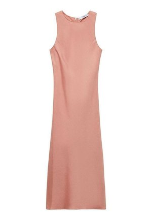 Vestito lungo senza maniche in morbido tessuto rosa. Forma semplice con scollatura alta e texture liscia. Nessun motivo o dettaglio visibile.