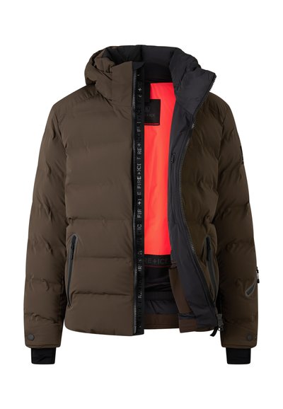 Brown puffer jacket with a hood, featuring a contrasting bright orange interior, black accents, and zippers on sides. Smooth, padded texture.