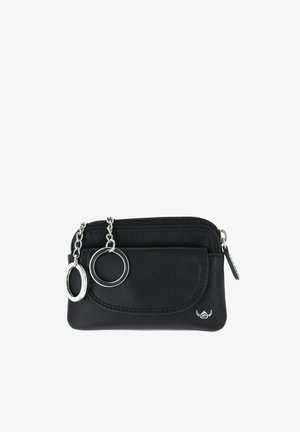 Black leather coin purse with zip closure, front pocket flap, two silver key rings on chains, and small silver brand logo on corner.