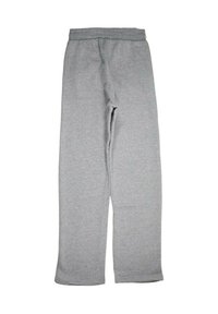 Pantalon de survêtement gris en tissu doux, doté d'une taille élastique, de jambes droites, sans poches ni coutures visibles.