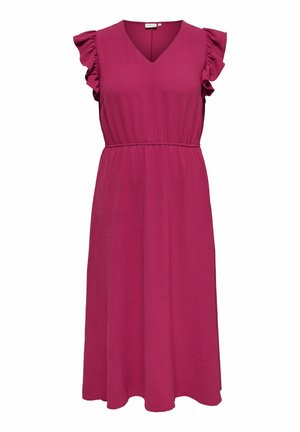 Abito midi senza maniche color magenta con scollo a V, vita elasticizzata e dettagli arricciati sulle spalle in tessuto strutturato.