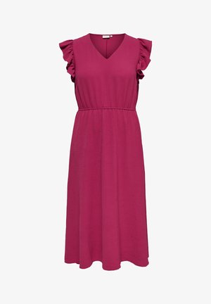 Rankovių magentos spalvos midi suknelė su V formos iškirpte, elastinga juosmens dalimi ir raukiniais ant pečių, pagaminta iš tekstūruotos medžiagos.