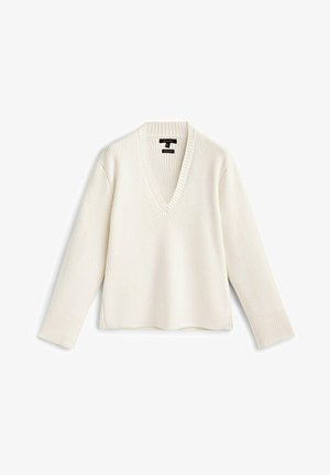 Maglione bianco in maglia a coste con scollo a V, maniche lunghe e vestibilità comoda. Presenta un tessuto strutturato e un orlo dritto.