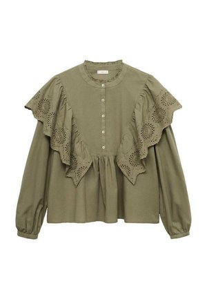 Olijfgroene katoenen blouse met lange mouwen, gerimpeld ontwerp, knopen aan de voorkant en kantdetails langs de rimpelranden. Losse pasvorm.