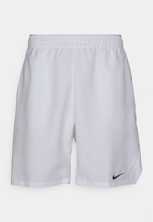 White sports shorts with an elastic waistband, made of lightweight material. Features a small black Nike logo on the left leg.
