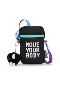 Borsa a tracolla in tessuto nero con il testo "MUOVI IL TUO CORPO". Presenta una tracolla multicolore e un portachiavi a forma di gorilla peloso nero attaccato.