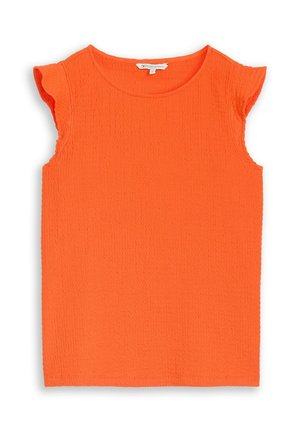 Bright orange textured sleeveless top with small ruffled cap sleeves and a round neckline.