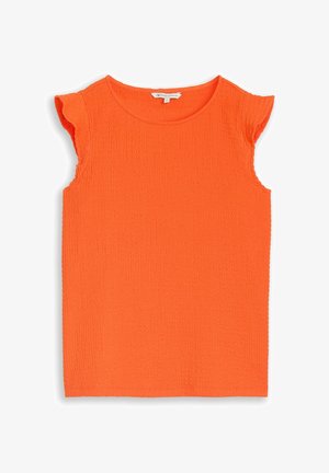 Jasno pomarańczowy, teksturowany top bez rękawów z małymi marszczonymi rękawkami typu kapka i okrągłym dekoltem.