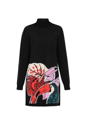 Zwarte gebreide sweater jurk met een hoge hals, versierd met kleurrijke grafische ontwerpen van tropische vogels en bloemmotieven.