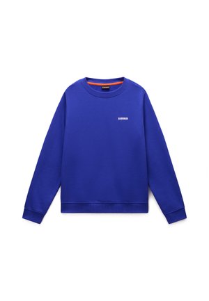 Blå sweatshirt med struktureret overflade, rund hals, lange ærmer og et lille hvidt logo på forsiden. Blødt stof med en afslappet pasform.